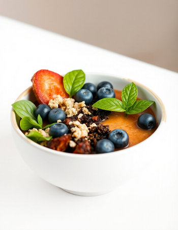 Smoothie bowl with strawberry, blueberry, granola and mintの写真素材