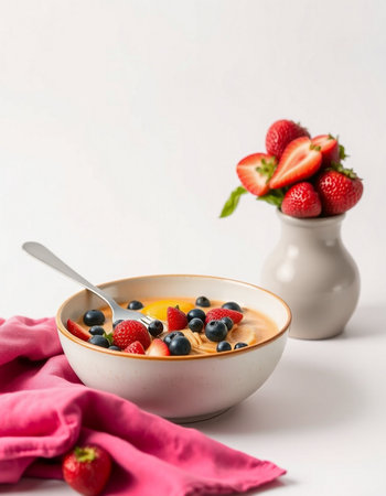 Healthy breakfast bowl with fresh berries and yoghurt on white backgroundの写真素材