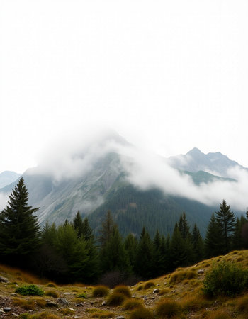 Mountain landscape with fog and coniferous forest on the slopesの写真素材