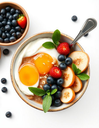 Bowl of omelette with fruits and berries on white backgroundの写真素材