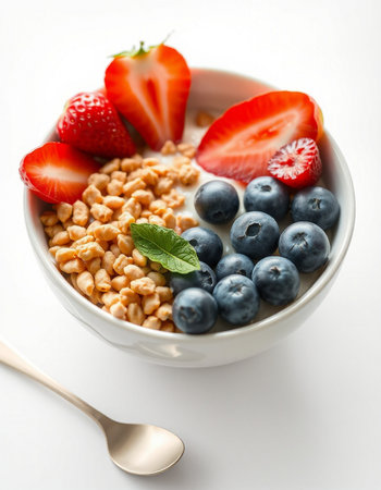 bowl of muesli with strawberries and blueberries on white backgroundの写真素材