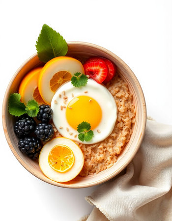 Oatmeal porridge with fruit and egg in bowl on white backgroundの写真素材
