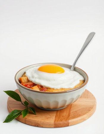 Breakfast with fried egg in a bowl on a white background.の写真素材