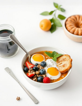 Healthy breakfast bowl with fresh berries and fried eggs on white backgroundの写真素材
