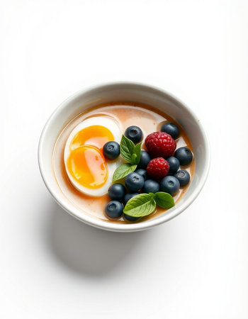 Bowl of yogurt with fresh berries and egg yolk isolated on white backgroundの写真素材
