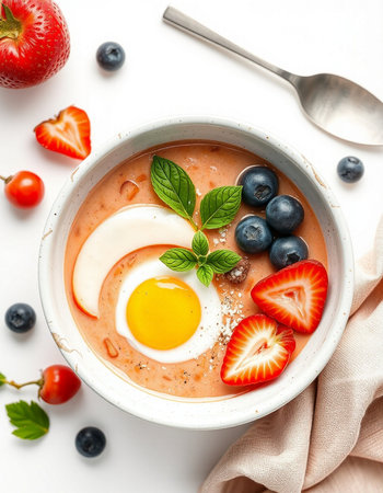 Tomato soup with fresh berries and egg. Healthy food concept.の写真素材