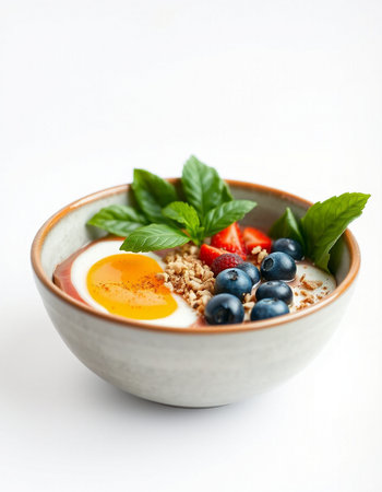 Healthy breakfast bowl with berries and egg on white backgroundの写真素材