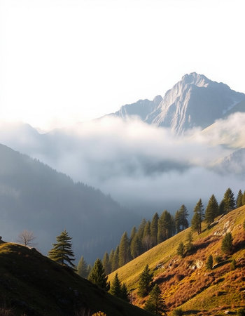 Foggy morning in the mountains. Dolomites, Italyの写真素材