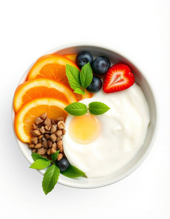 Healthy breakfast with yogurt, fruits and nuts isolated on white backgroundの写真素材