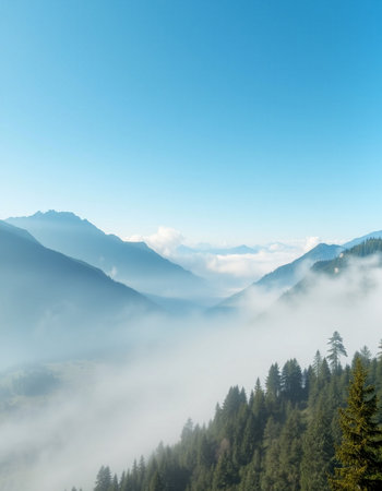 Foggy mountain landscape with coniferous forest and mountains.の写真素材