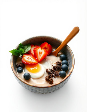 Yogurt with strawberries and blueberries in a bowl isolated on white backgroundの写真素材