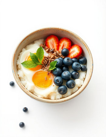Oatmeal porridge with berries and yoghurt on white backgroundの写真素材