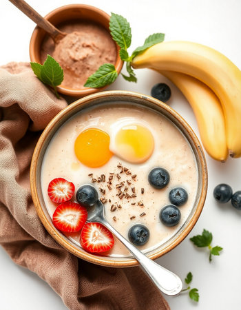 Oatmeal porridge with banana, blueberry, strawberry in bowlの写真素材