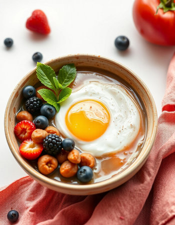 Bowl of omelet with berries and fried egg on white backgroundの写真素材