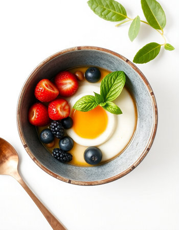 yogurt with fresh berries in a bowl on white backgroundの写真素材