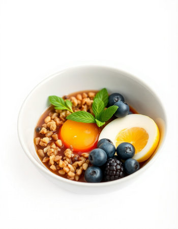 Buckwheat porridge with fresh berries and egg yolkの写真素材