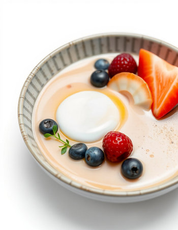 Yogurt with strawberries and blueberries on a white background.の写真素材