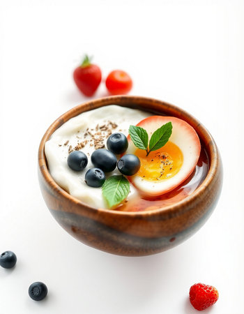 Healthy breakfast with yogurt, berries and egg in wooden bowl on white backgroundの写真素材