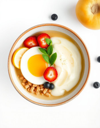 Healthy breakfast with yogurt, fruits and berries on a white backgroundの写真素材