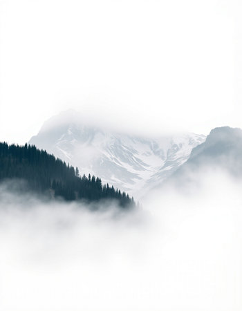 Mountain landscape in the fog. Cloudy day in the mountains.の写真素材