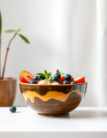 Healthy breakfast bowl with oatmeal, berries and mint on the tableの写真素材
