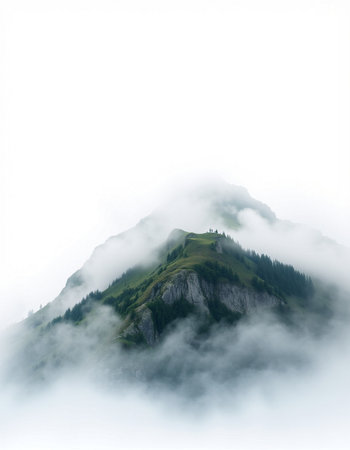 Mountain landscape in the clouds on a foggy summer morning.の写真素材