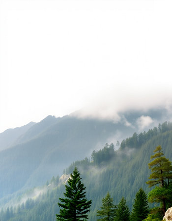 Mountain landscape with coniferous forest and fog in the morningの写真素材