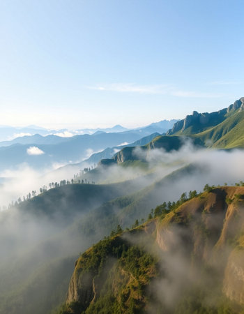 Mountain landscape in the morning mist, Chengde, Hebei Province, Chinaの写真素材