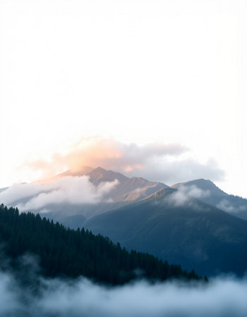 Mountain landscape with fog and clouds. View from the top of the mountain.の写真素材