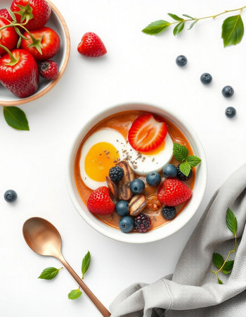 Healthy breakfast bowl with oatmeal, berries and egg on white backgroundの写真素材