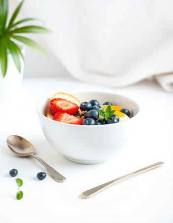 Healthy breakfast bowl with fresh fruits and berries, selective focus.の写真素材