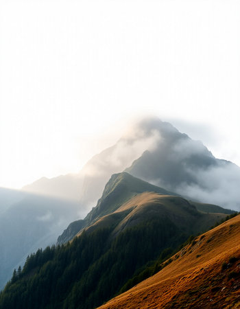 Mountain landscape with fog in the morning. Caucasus Mountains, Georgia.の写真素材