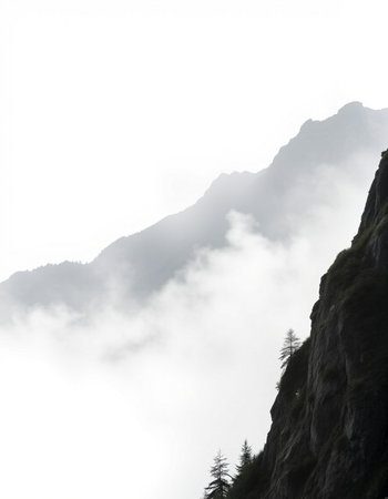 Mountain landscape with fog and clouds on the top of the mountainの写真素材