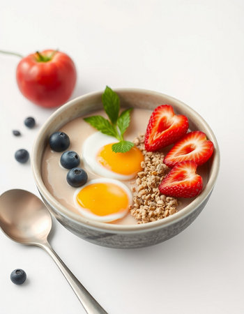 Healthy breakfast bowl with oatmeal, berries and eggs on white backgroundの写真素材