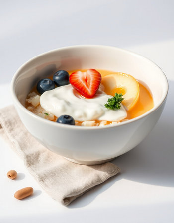 A bowl of fruit soup with sour cream on a white background.の写真素材