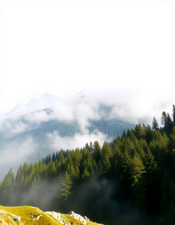 Foggy morning in the mountains. Carpathians, Ukraineの写真素材