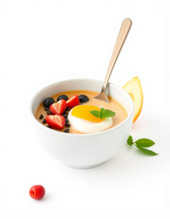 fresh berries and egg in a bowl isolated on white backgroundの写真素材