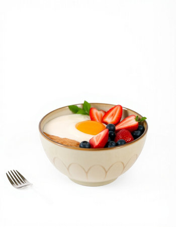 Healthy breakfast with yoghurt and fruits on a white backgroundの写真素材