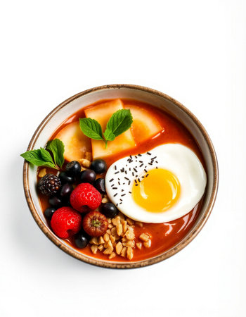 Bowl with berries and eggs on a white backgroundの写真素材