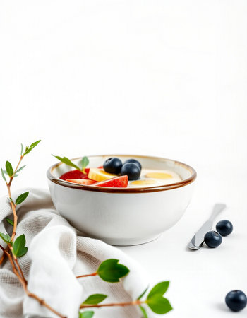 Bowl of fresh fruit salad with yogurt and berries on white backgroundの写真素材