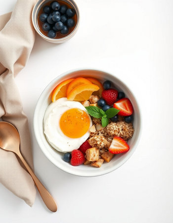 Healthy breakfast bowl with oatmeal, berries and egg on white backgroundの写真素材