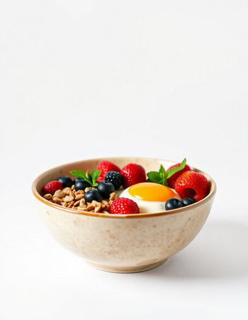 Breakfast bowl with omelet, berries and granola on white backgroundの写真素材