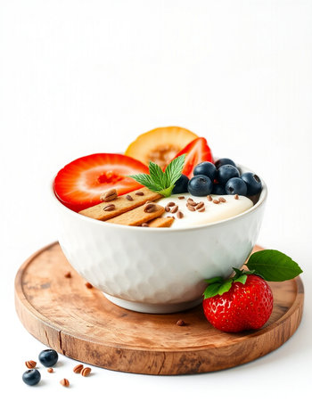 Healthy breakfast with yogurt, berries and mint on a white backgroundの写真素材