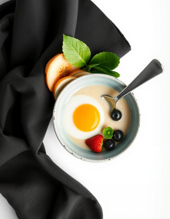 Yogurt with fresh berries and egg in bowl on black cloth, top viewの写真素材