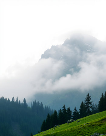 Foggy morning in the mountains of the Dolomites, Italyの写真素材