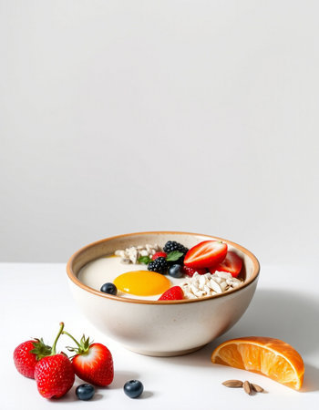 Healthy breakfast with oatmeal, berries and fruits on white backgroundの写真素材