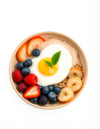 Healthy breakfast with oatmeal, berries and egg on white backgroundの写真素材