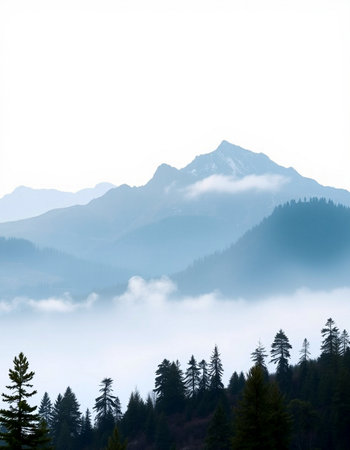 Foggy mountains landscape with coniferous forest in the foregroundの写真素材