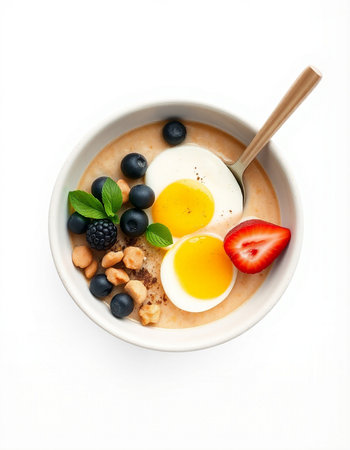 Oatmeal porridge with blueberries, strawberries in bowl isolated on white backgroundの写真素材