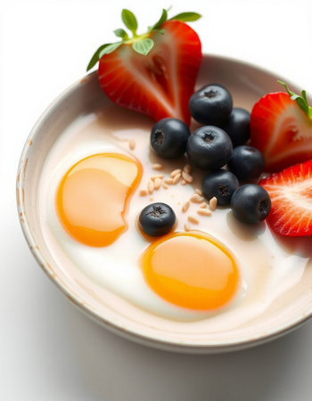 Breakfast with fried eggs, blueberries and strawberries on white backgroundの写真素材